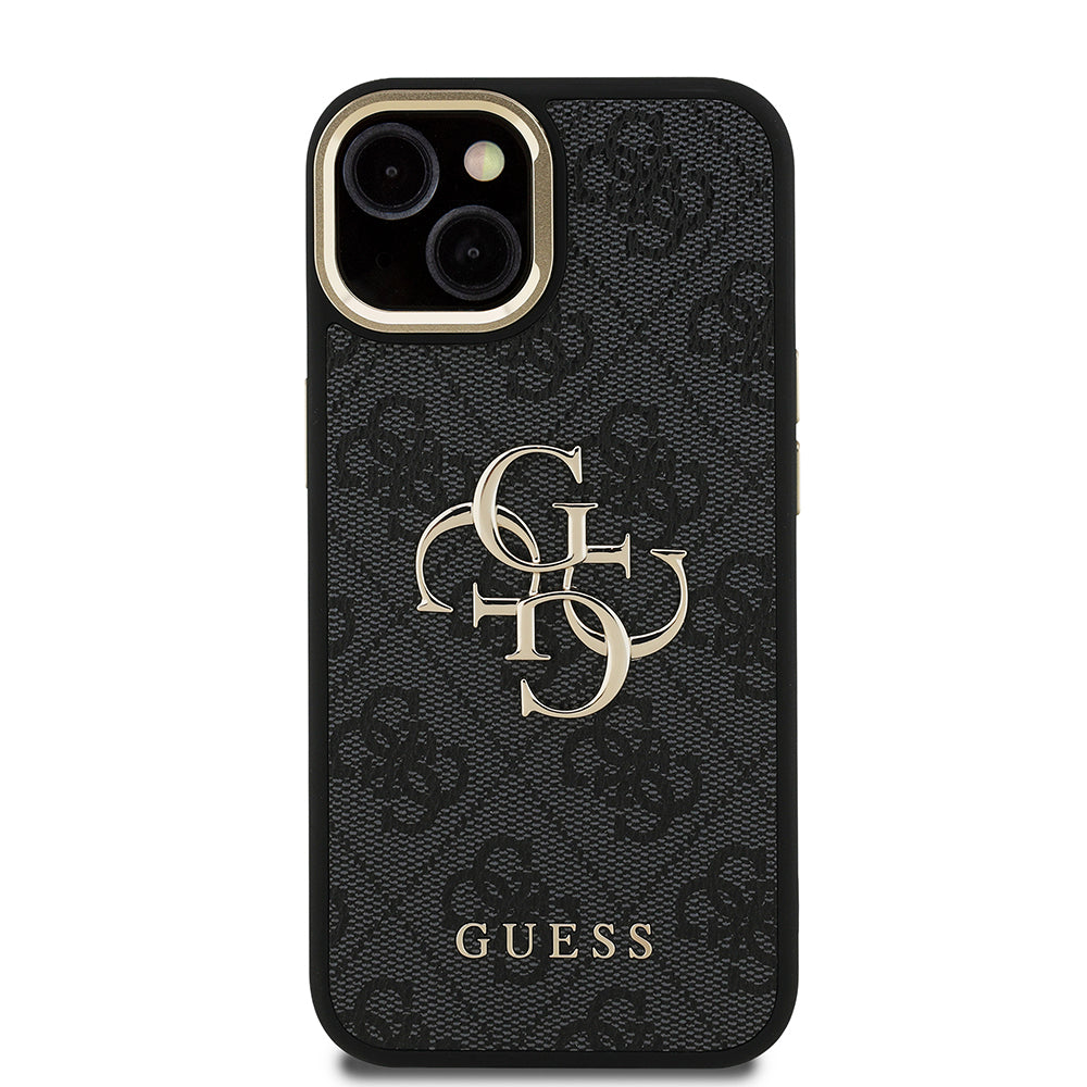 Apple iPhone 15 Kılıf Guess Orjinal Lisanslı PU Deri 4G Desenli Metal Büyük 4G ve Yazı Logolu Kamera Standlı Kapak Siyah