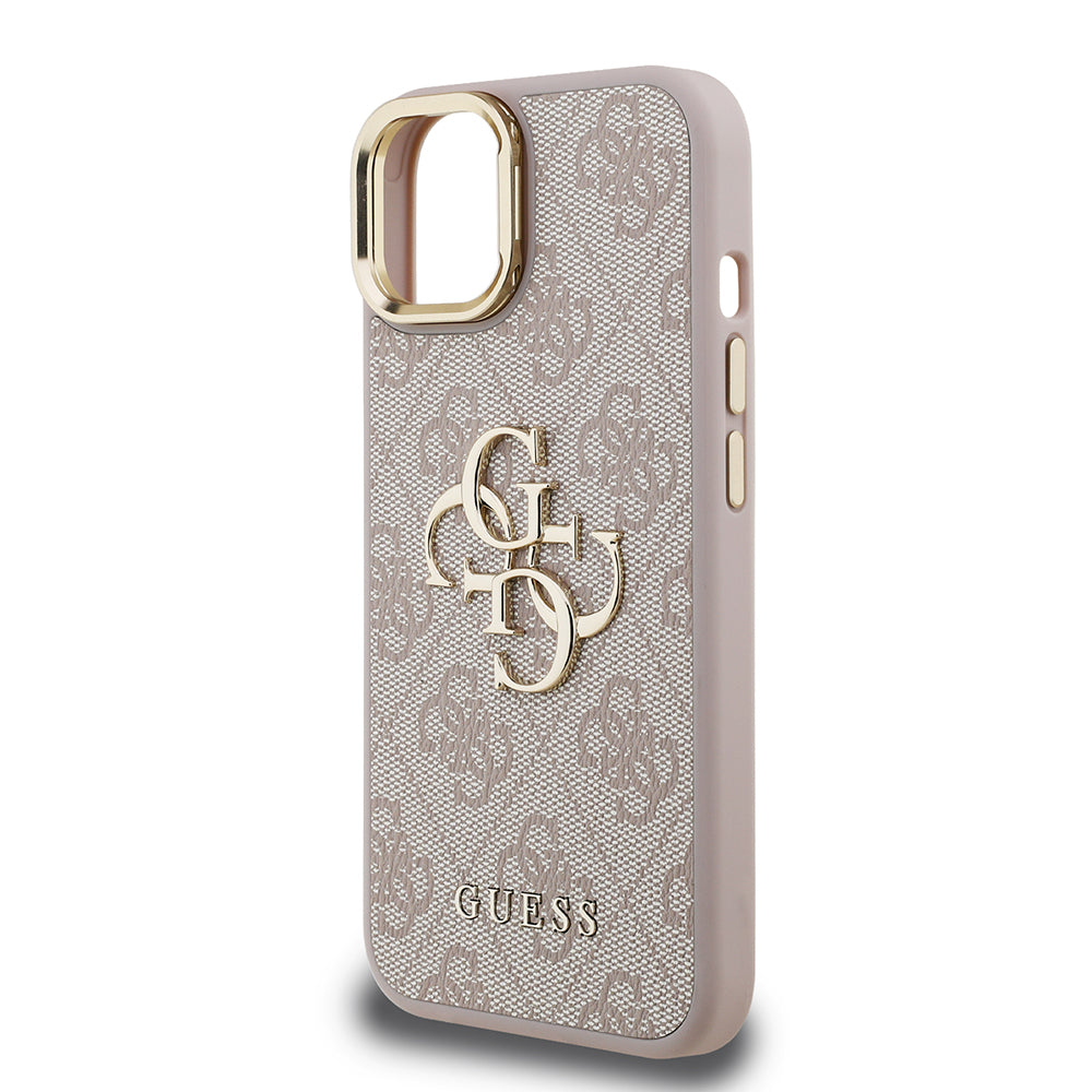 Apple iPhone 15 Kılıf Guess Orjinal Lisanslı PU Deri 4G Desenli Metal Büyük 4G ve Yazı Logolu Kamera Standlı Kapak Siyah