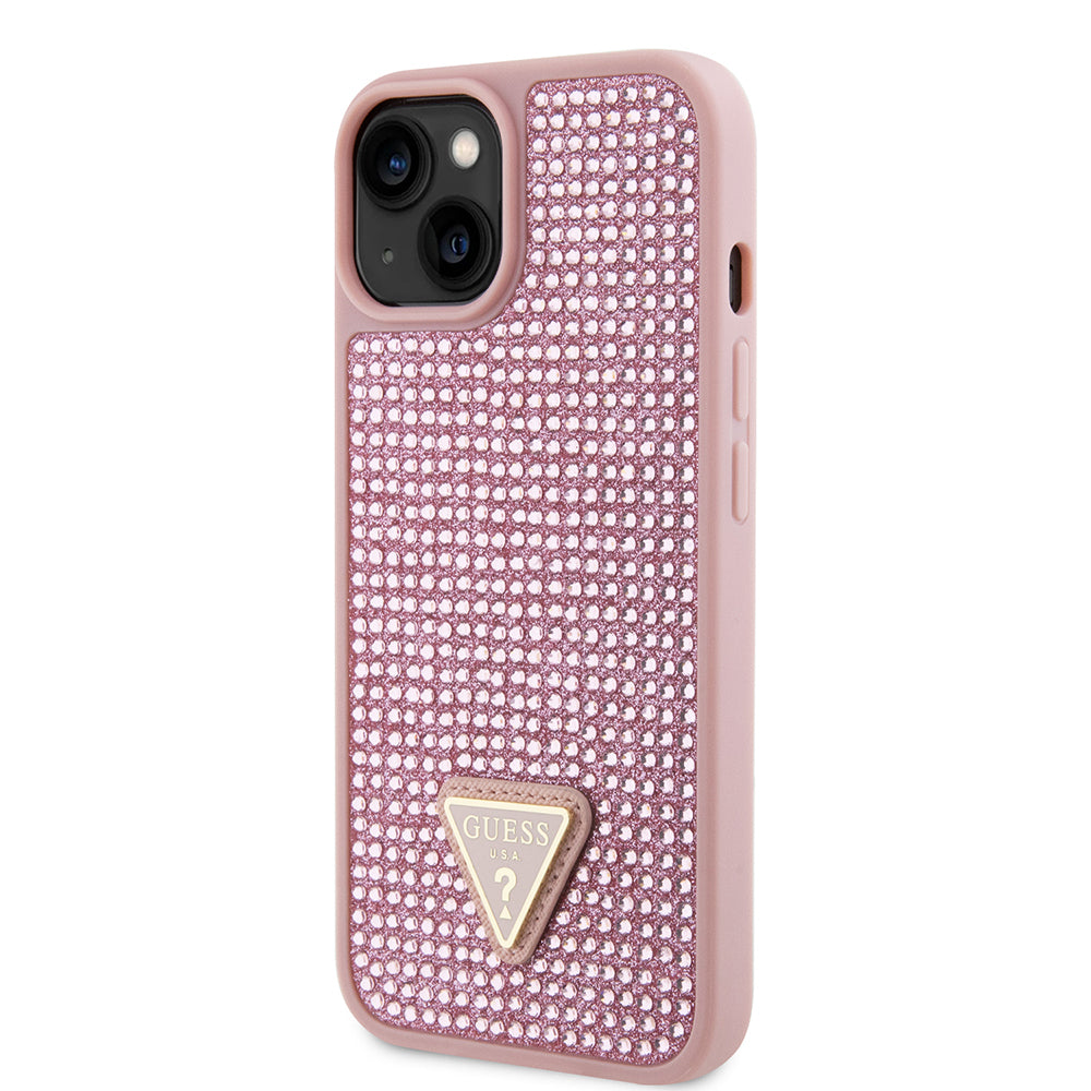 Apple iPhone 15 Kılıf Guess Orjinal Lisanslı Taşlı Arka Yüzey Üçgen Logolu Kapak Pembe
