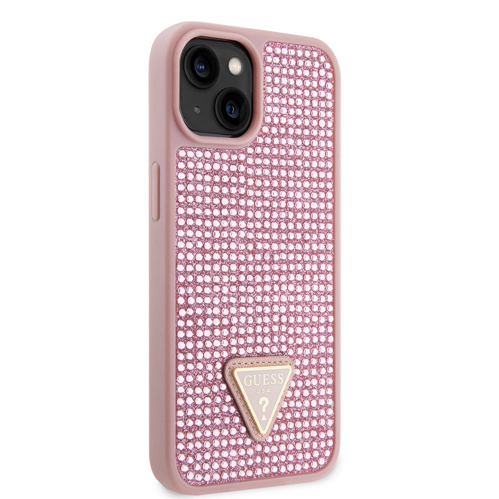 Apple iPhone 15 Kılıf Guess Orjinal Lisanslı Taşlı Arka Yüzey Üçgen Logolu Kapak Pembe