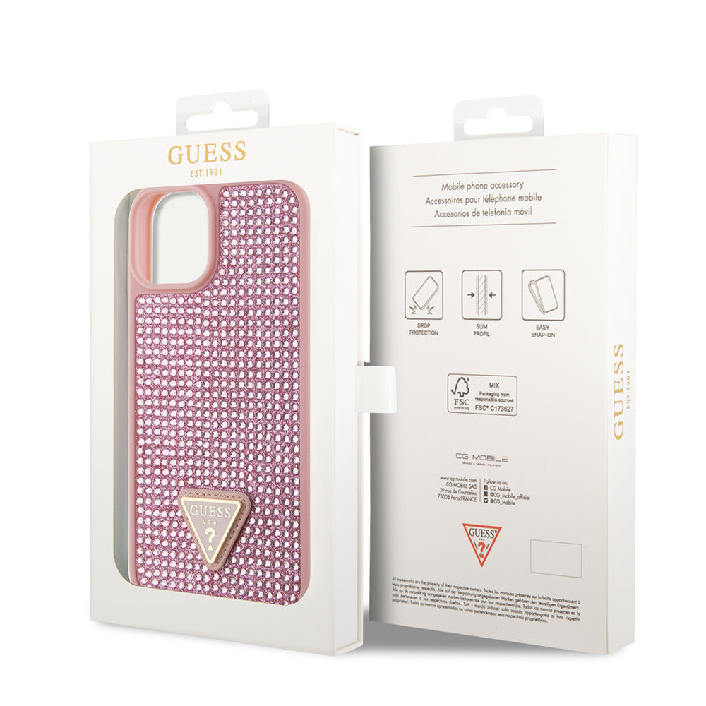 Apple iPhone 15 Kılıf Guess Orjinal Lisanslı Taşlı Arka Yüzey Üçgen Logolu Kapak Pembe