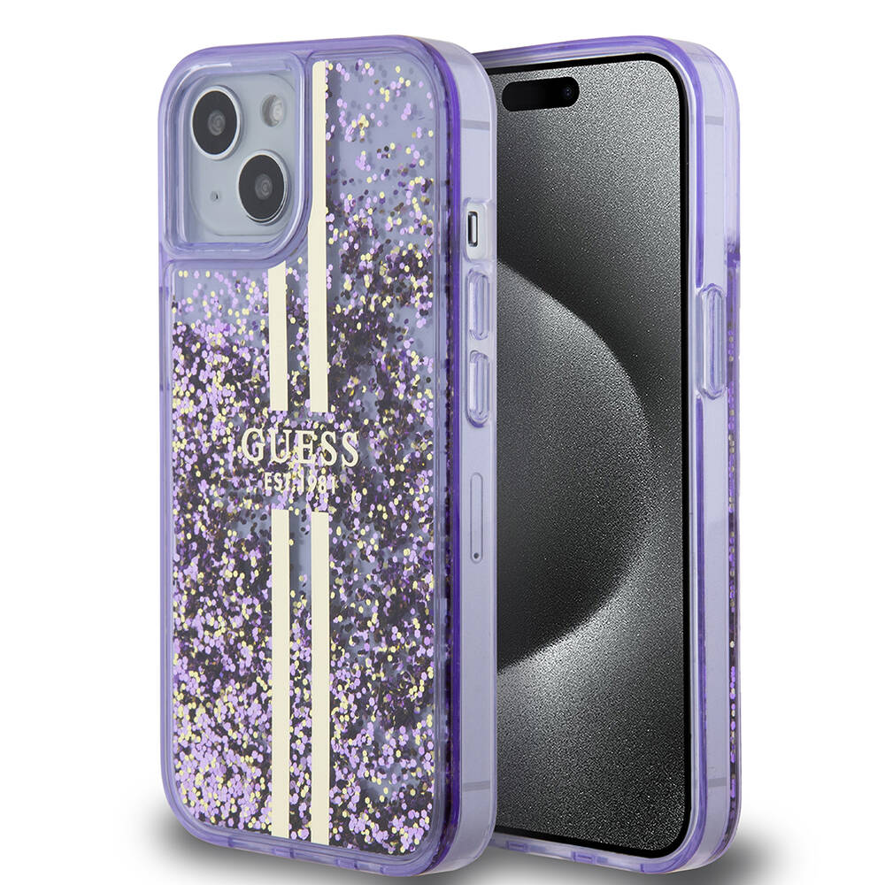 Apple iPhone 15 Kılıf Guess Orjinal Lisanslı Transparan Sıvılı Simli Altın Çizgili Kapak Mor