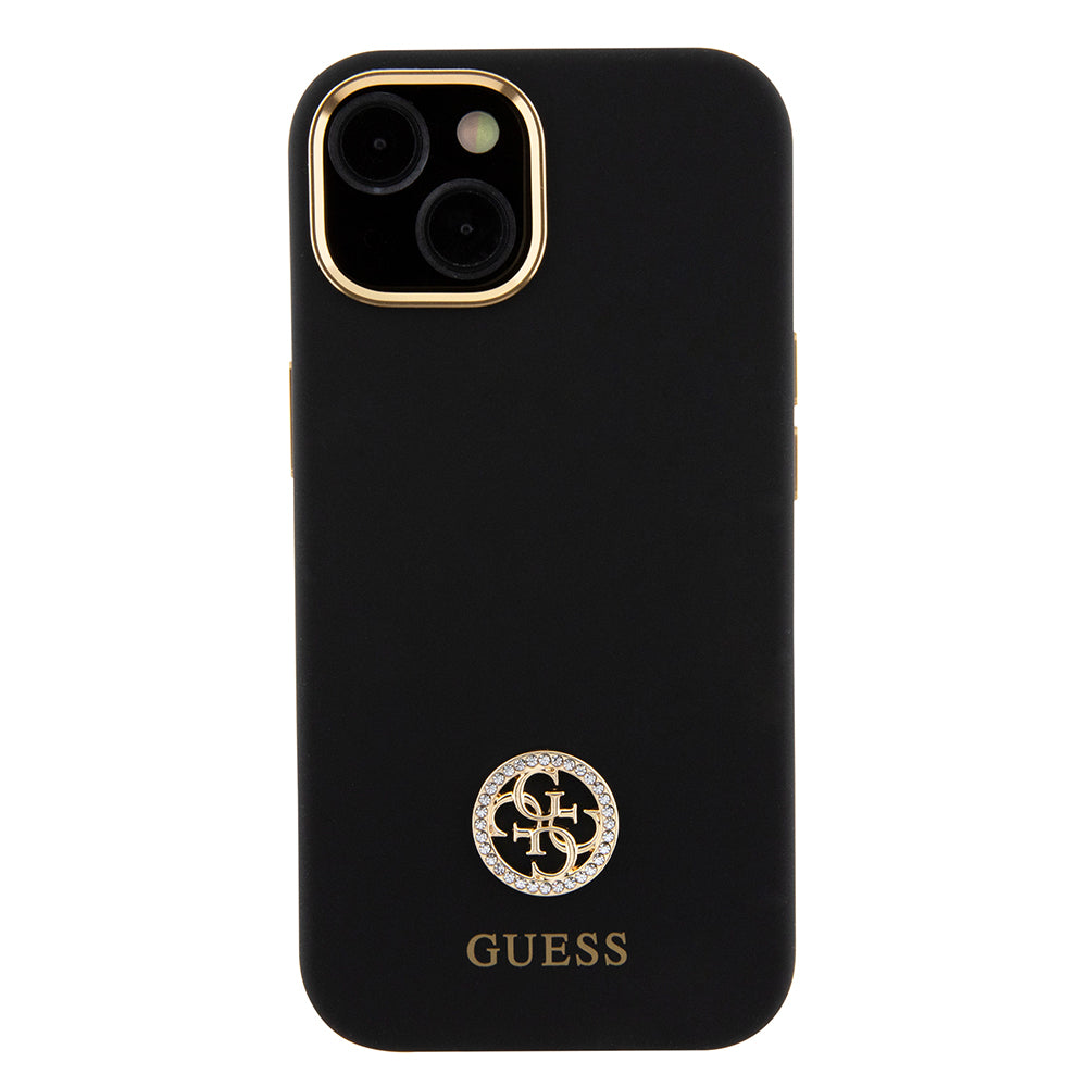Apple iPhone 15 Kılıf Guess Orjinal Lisanslı Yazı ve Taşlı 4G Logolu Metal Kamera Çerçeveli Silikon Kapak Siyah