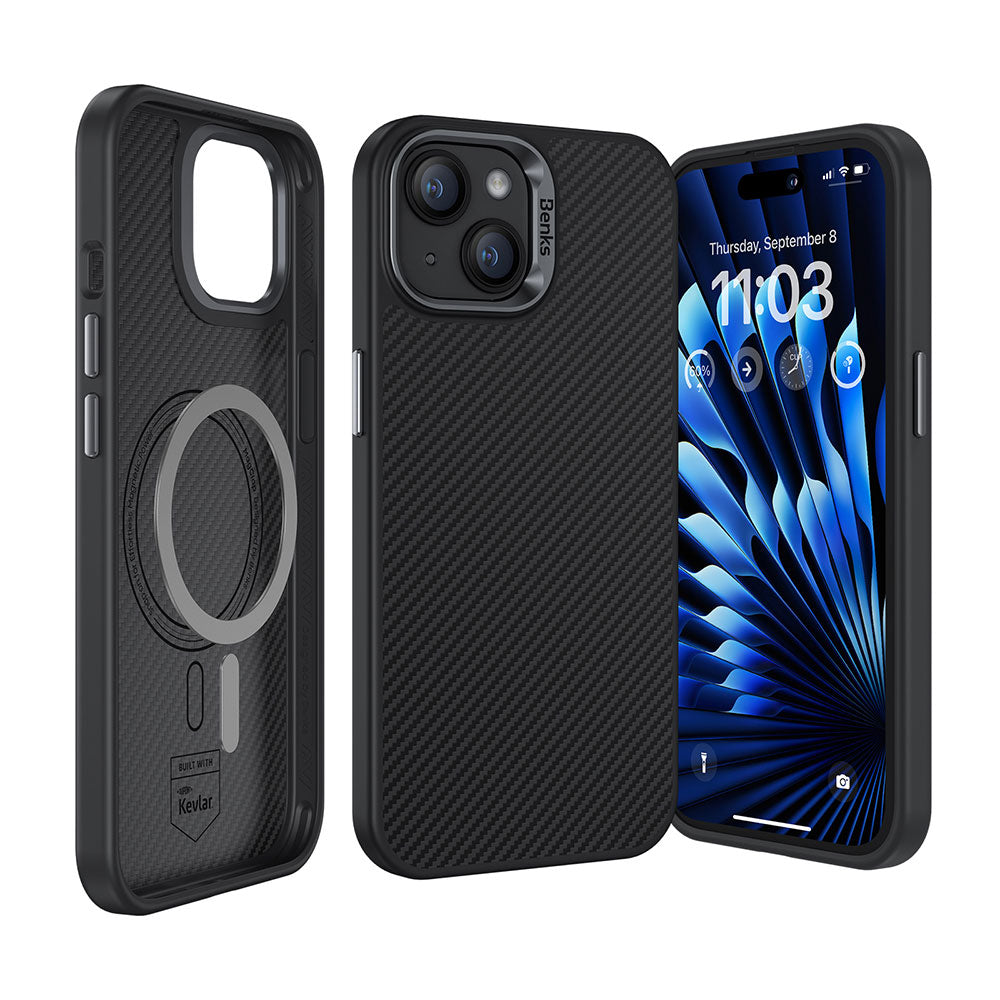 iPhone 15 Kılıf Karbon Fiber Magsafe Şarj Özellikli Benks Hybrid ArmorPro 600D Kevlar Kılıf Siyah