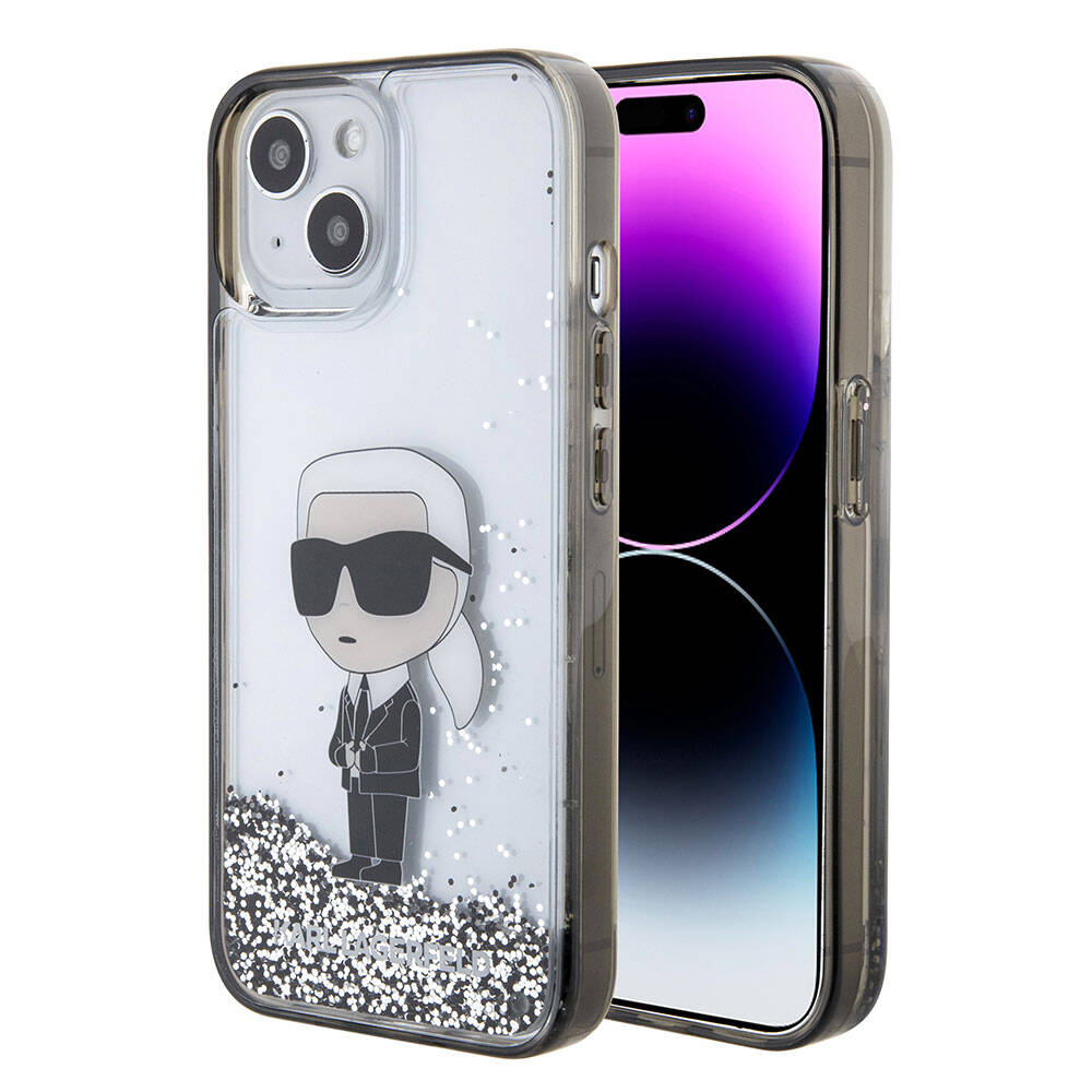 iPhone 15 Kılıf Karl Lagerfeld İkonik Sıvılı Glitter Orjinal Lisanslı Kılıf Renksiz
