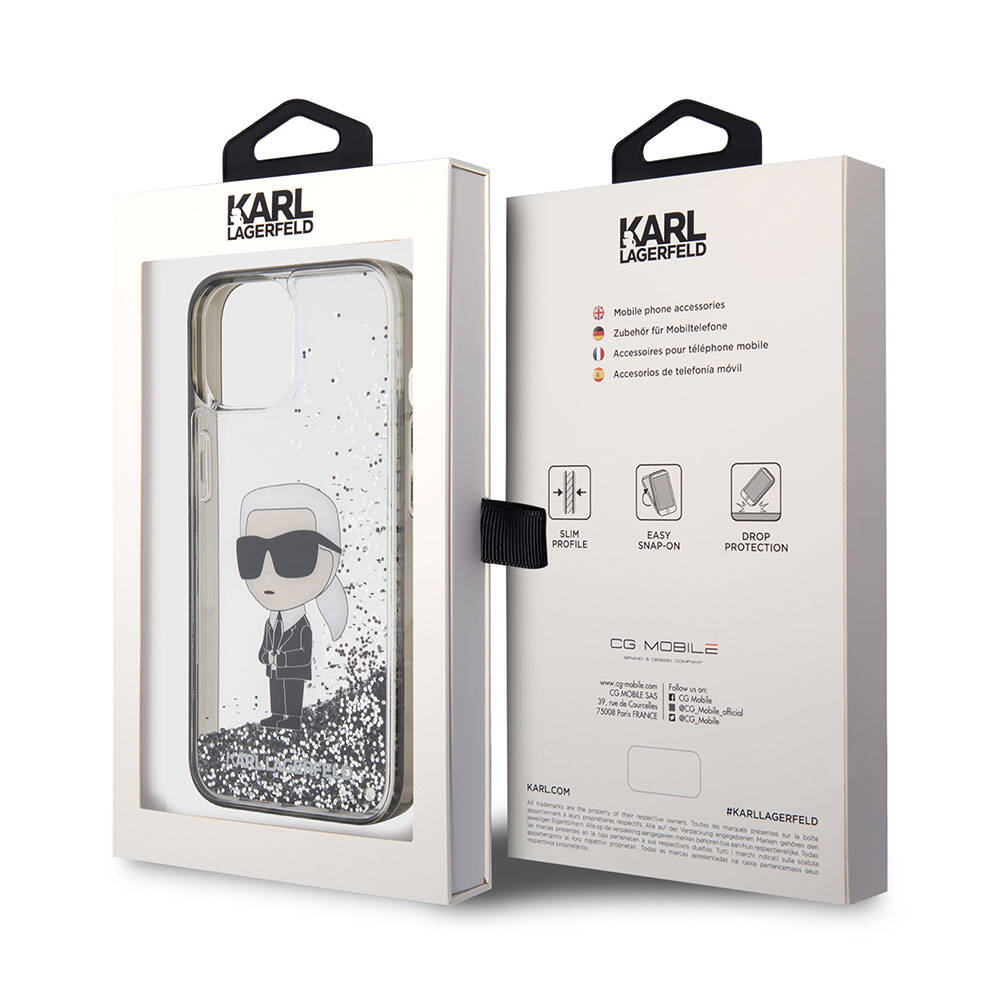 iPhone 15 Kılıf Karl Lagerfeld İkonik Sıvılı Glitter Orjinal Lisanslı Kılıf Renksiz