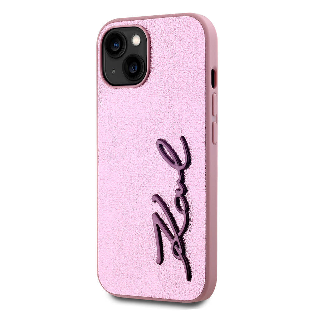 iPhone 15 Kılıf Karl Lagerfeld Orjinal Lisanslı 3D KL Yazılı Tüylü Arka Yüzey Saffiano Rhinestones Kılıf Pembe
