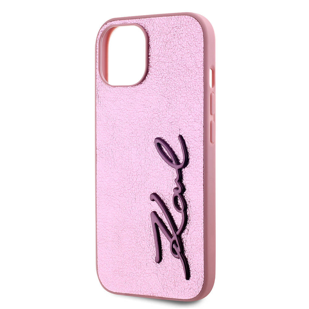 iPhone 15 Kılıf Karl Lagerfeld Orjinal Lisanslı 3D KL Yazılı Tüylü Arka Yüzey Saffiano Rhinestones Kılıf Pembe