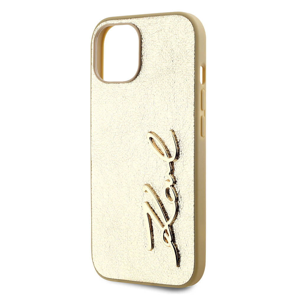 iPhone 15 Kılıf Karl Lagerfeld Orjinal Lisanslı 3D KL Yazılı Tüylü Arka Yüzey Saffiano Rhinestones Kılıf Pembe