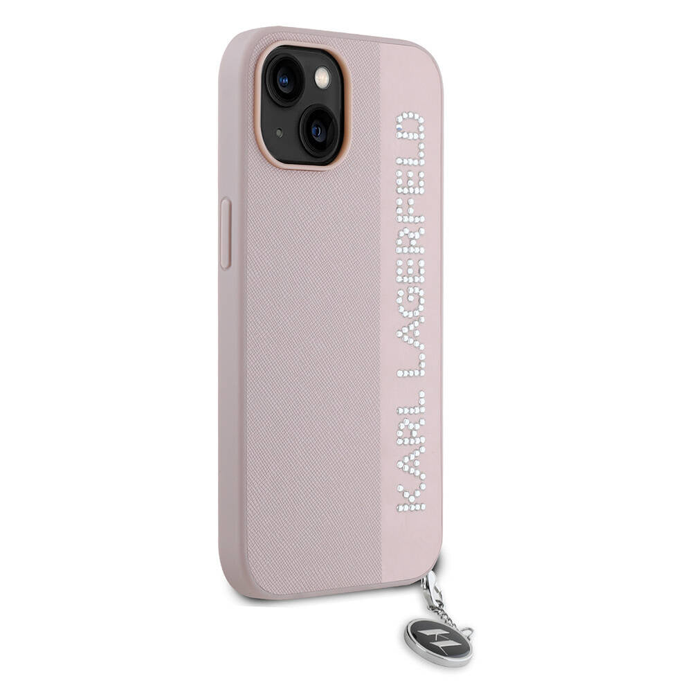iPhone 15 Kılıf Karl Lagerfeld Orjinal Lisanslı Anahtarlıklı Taşlı KL Yazılı Saffiano Rhinestones Kılıf Siyah