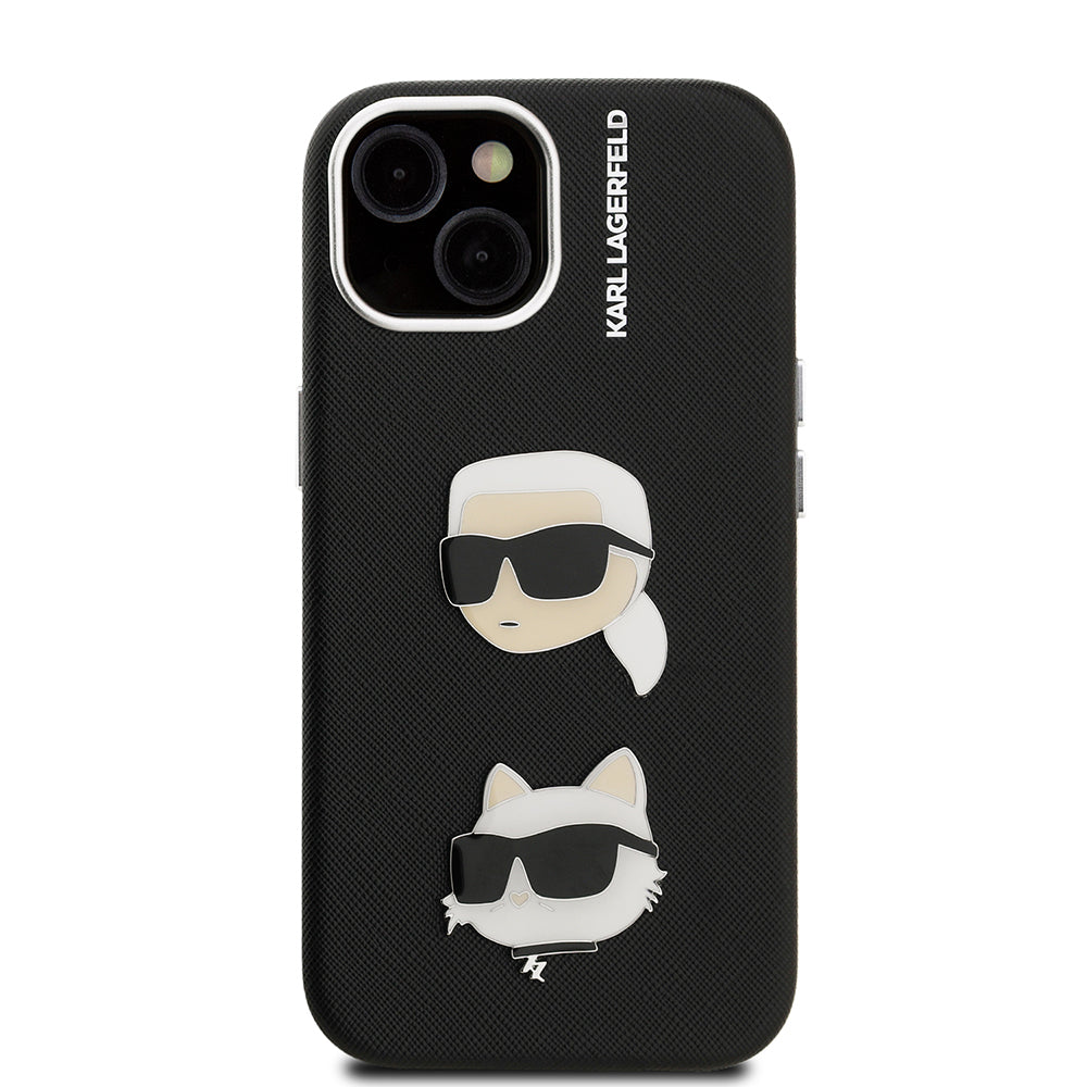 Apple iPhone 15 Kılıf Karl Lagerfeld Orjinal Lisanslı K&C Heads Pin Kapak Siyah