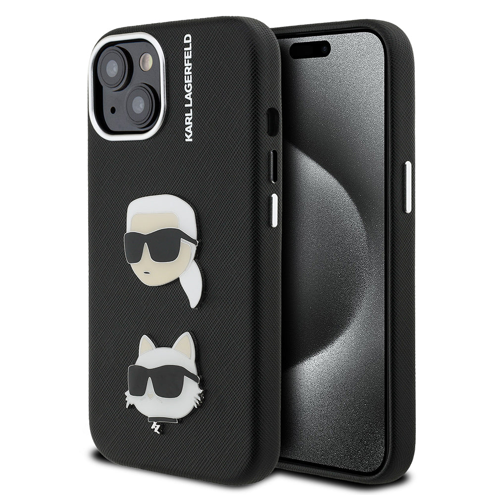 Apple iPhone 15 Kılıf Karl Lagerfeld Orjinal Lisanslı K&C Heads Pin Kapak Siyah