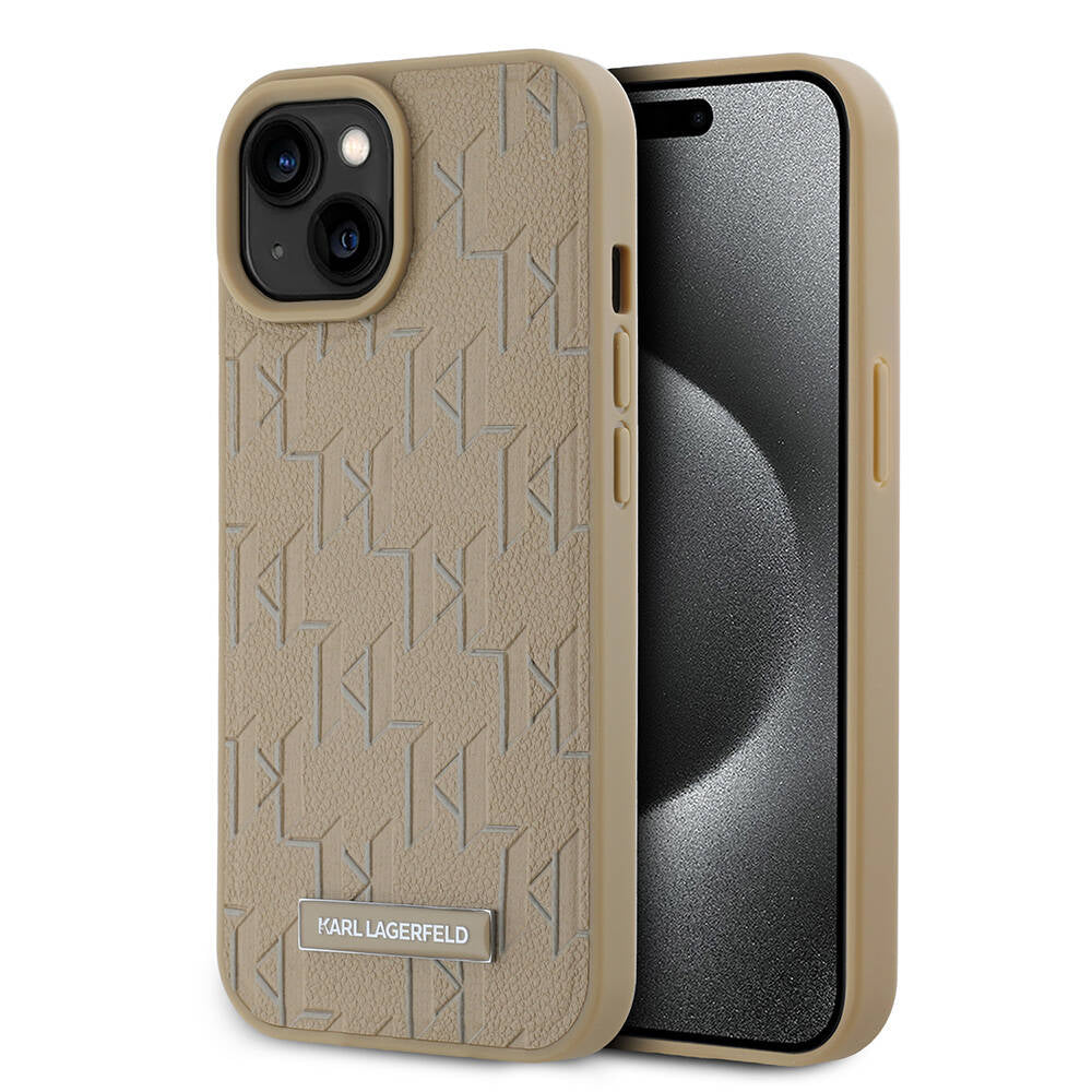 iPhone 15 Kılıf Karl Lagerfeld Orjinal Lisanslı Magsafe Şarj Özellikli KL Yazılı Hot Stamp Kılıf Krem