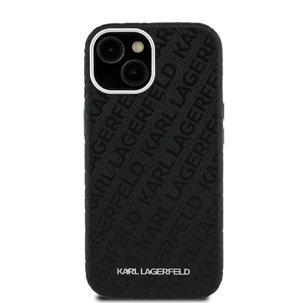 Apple iPhone 15 Kılıf Karl Lagerfeld Orjinal Lisanslı PU Deri Damgalı Metal Yazı Logolu Kapak Siyah