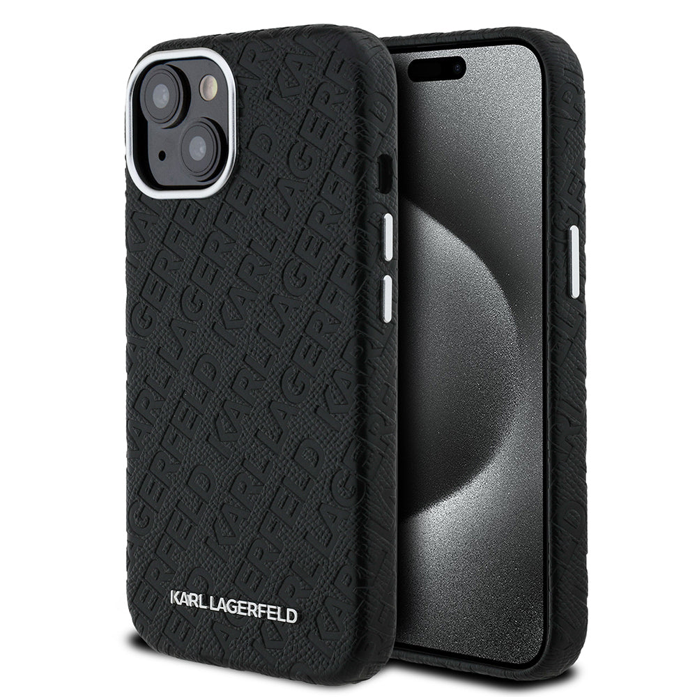Apple iPhone 15 Kılıf Karl Lagerfeld Orjinal Lisanslı PU Deri Damgalı Metal Yazı Logolu Kapak Siyah