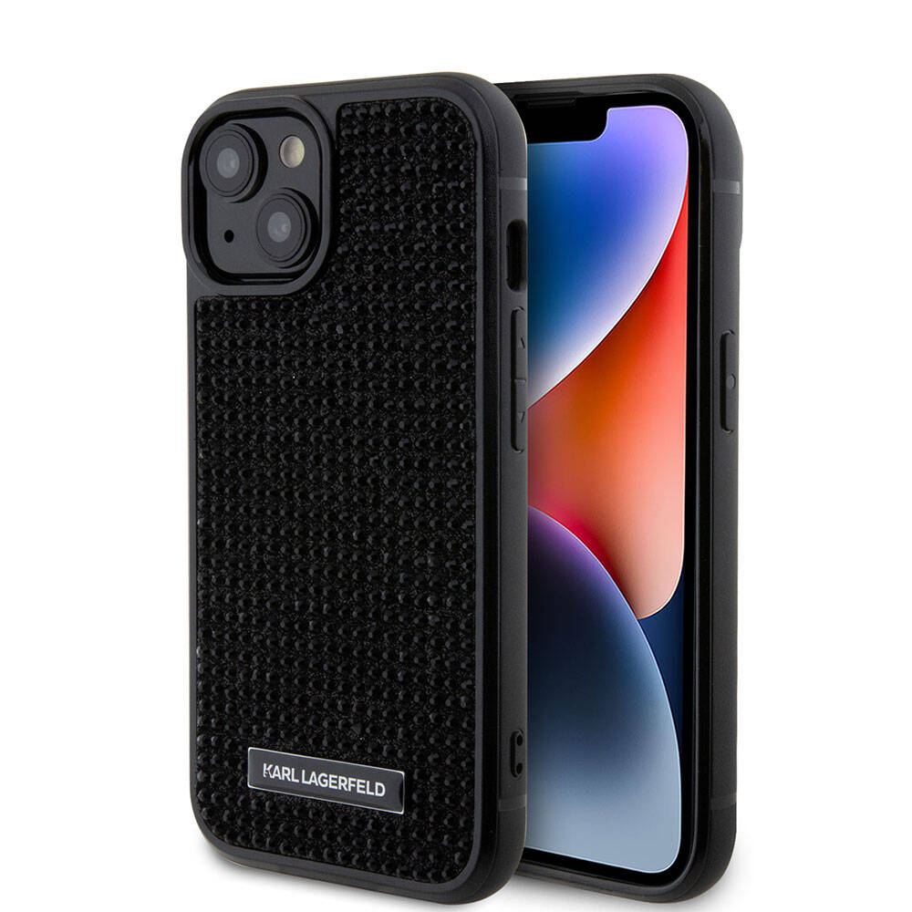 iPhone 15 Kılıf Karl Lagerfeld Taşlı Metal Logo Orjinal Lisanslı Kılıf Siyah