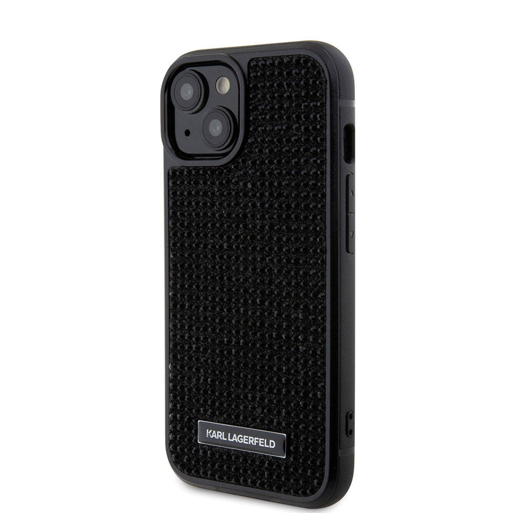 iPhone 15 Kılıf Karl Lagerfeld Taşlı Metal Logo Orjinal Lisanslı Kılıf Siyah