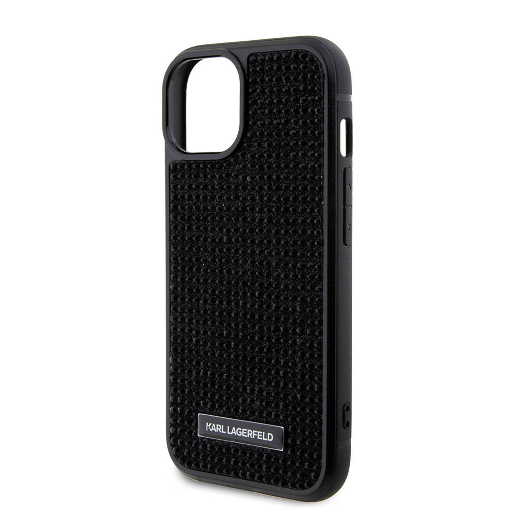 iPhone 15 Kılıf Karl Lagerfeld Taşlı Metal Logo Orjinal Lisanslı Kılıf Siyah