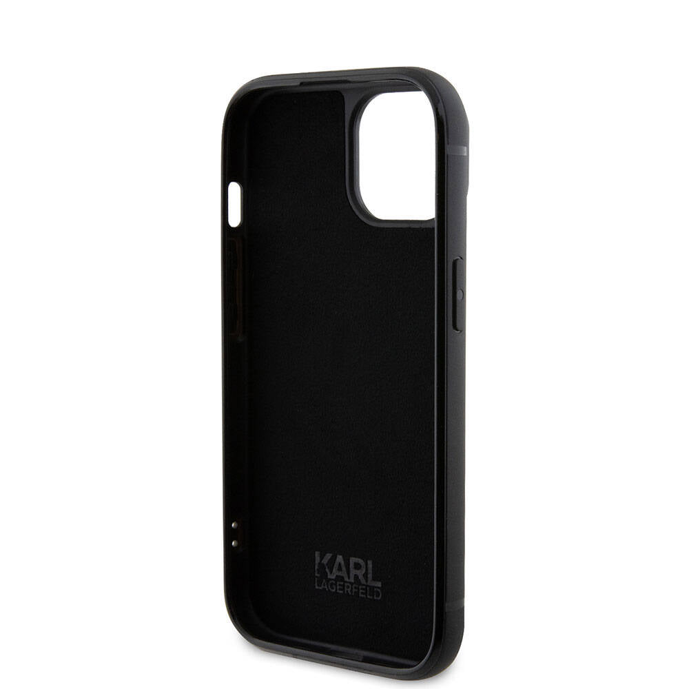 iPhone 15 Kılıf Karl Lagerfeld Taşlı Metal Logo Orjinal Lisanslı Kılıf Siyah