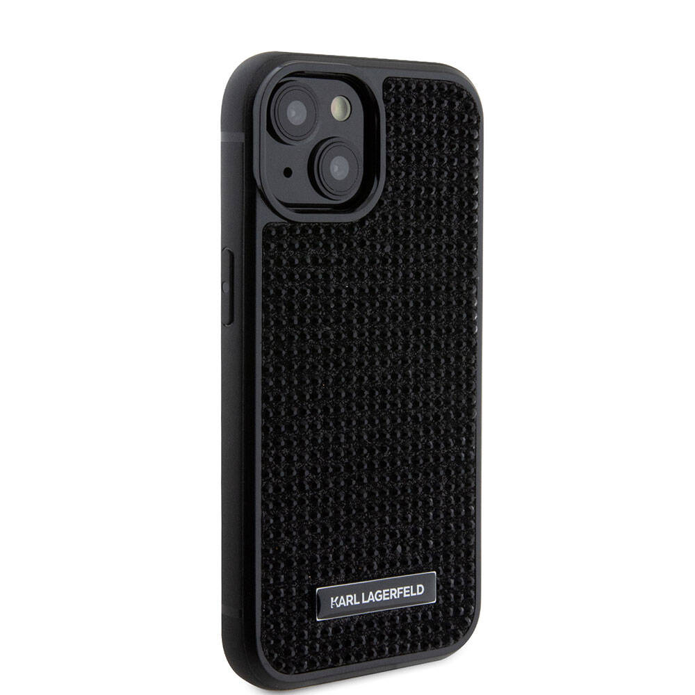 iPhone 15 Kılıf Karl Lagerfeld Taşlı Metal Logo Orjinal Lisanslı Kılıf Siyah