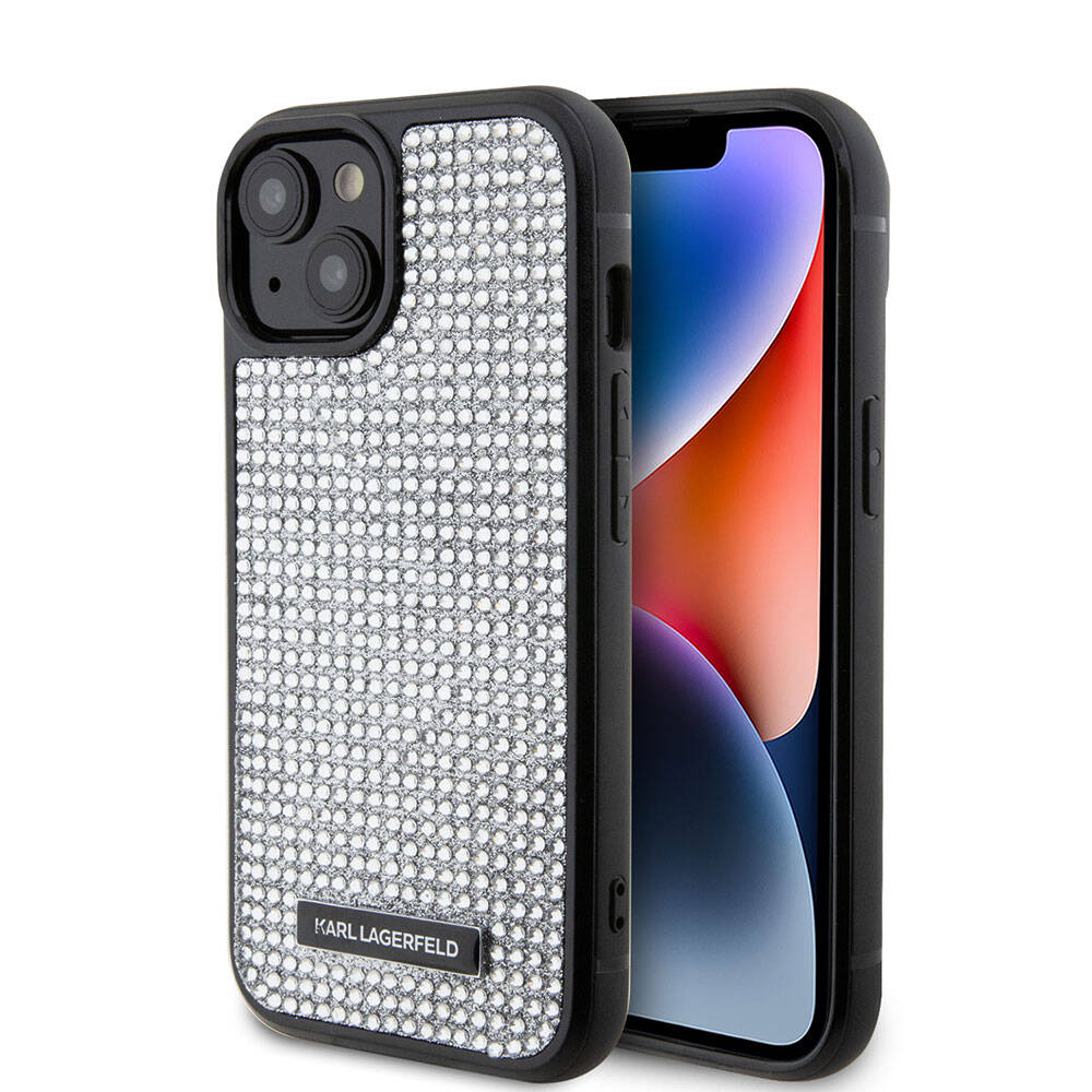 iPhone 15 Kılıf Karl Lagerfeld Taşlı Metal Logo Orjinal Lisanslı Kılıf Siyah