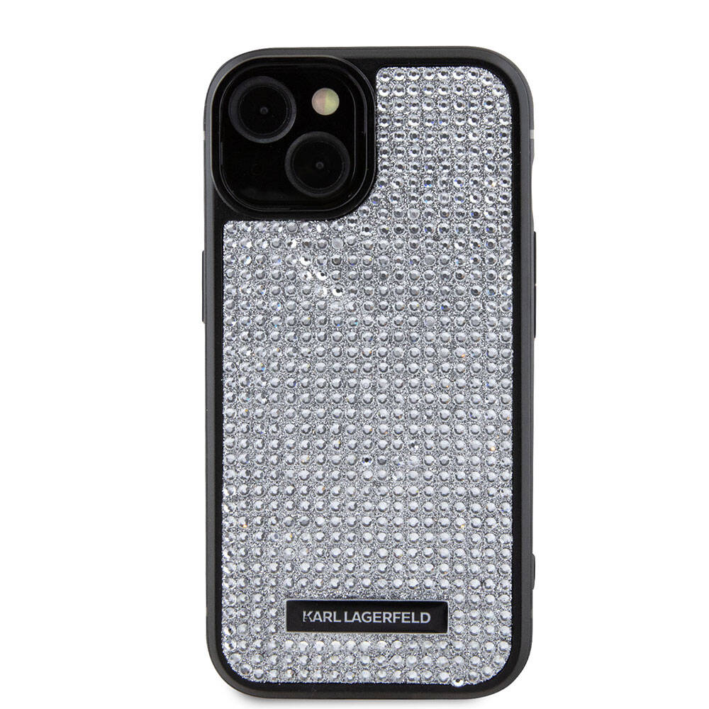 iPhone 15 Kılıf Karl Lagerfeld Taşlı Metal Logo Orjinal Lisanslı Kılıf Siyah