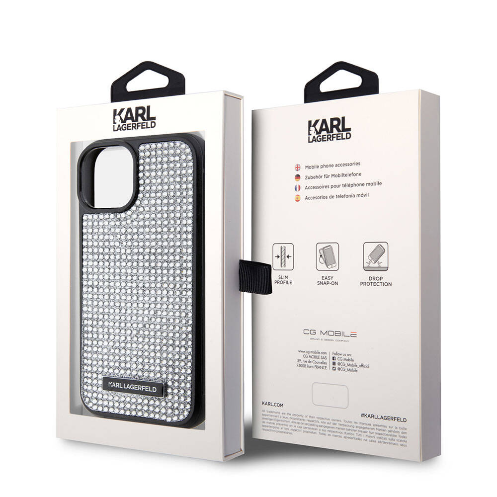 iPhone 15 Kılıf Karl Lagerfeld Taşlı Metal Logo Orjinal Lisanslı Kılıf Siyah