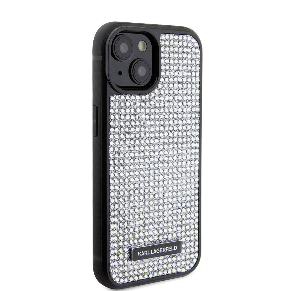 iPhone 15 Kılıf Karl Lagerfeld Taşlı Metal Logo Orjinal Lisanslı Kılıf Gümüş