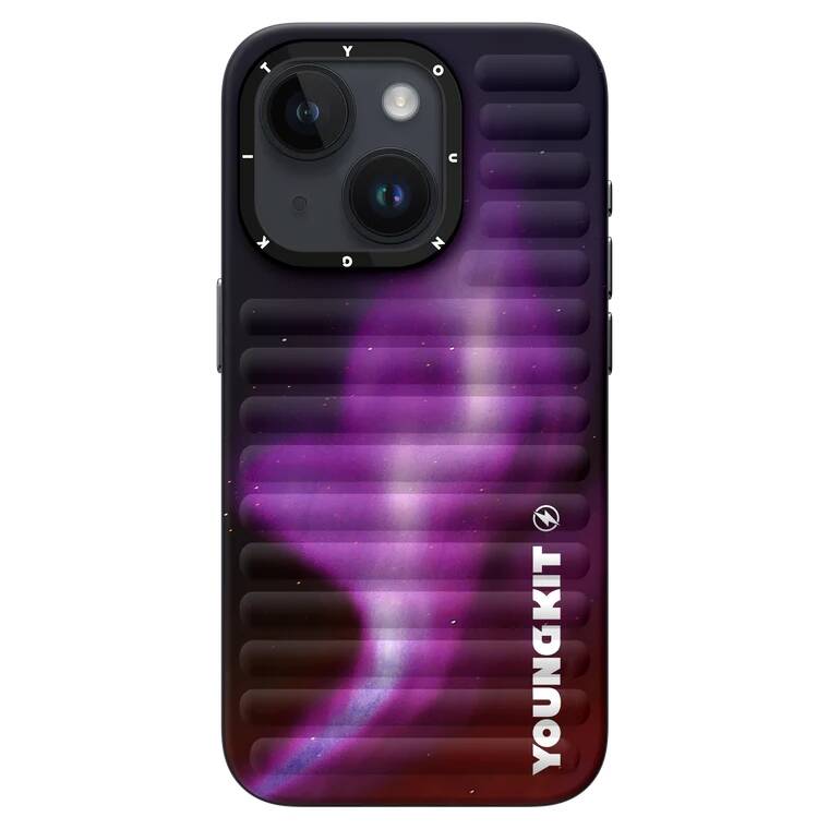 iPhone 15 Kılıf Kuzey Işıkları Desenli Youngkit Aurora Serisi Kılıf Mor