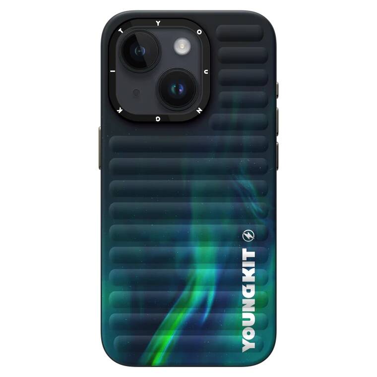 iPhone 15 Kılıf Kuzey Işıkları Desenli Youngkit Aurora Serisi Kılıf Yeşil