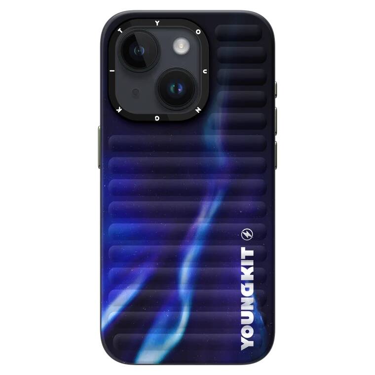iPhone 15 Kılıf Kuzey Işıkları Desenli Youngkit Aurora Serisi Kılıf Mavi