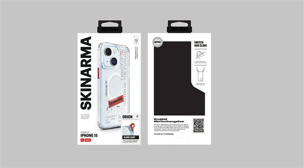 iPhone 15 Kılıf SkinArma Magsafe Şarj Özellikli Yazı Desenli Airbag Tasarımlı Orion Kılıf Renksiz