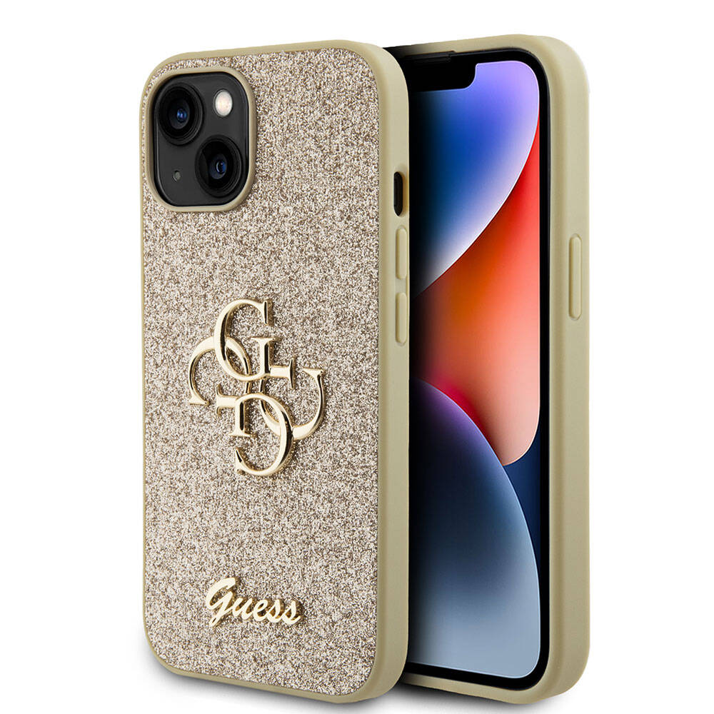 Apple iPhone 15 Plus Kılıf Guess Orjinal Lisanslı 4G Büyük Metal Logolu Glitter Kapak Pembe