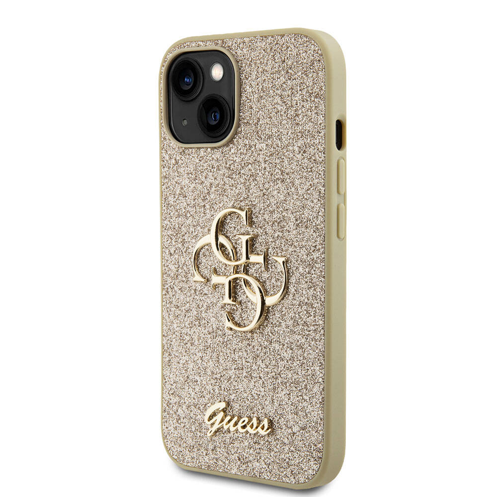Apple iPhone 15 Plus Kılıf Guess Orjinal Lisanslı 4G Büyük Metal Logolu Glitter Kapak Pembe