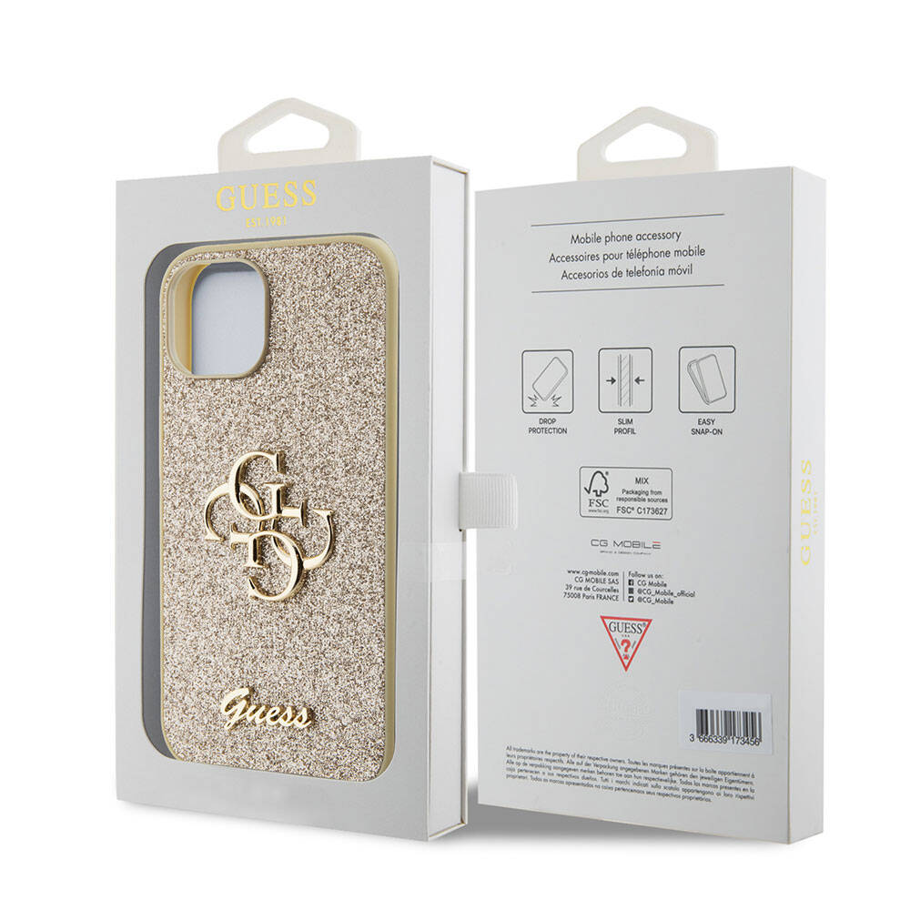 Apple iPhone 15 Plus Kılıf Guess Orjinal Lisanslı 4G Büyük Metal Logolu Glitter Kapak Pembe
