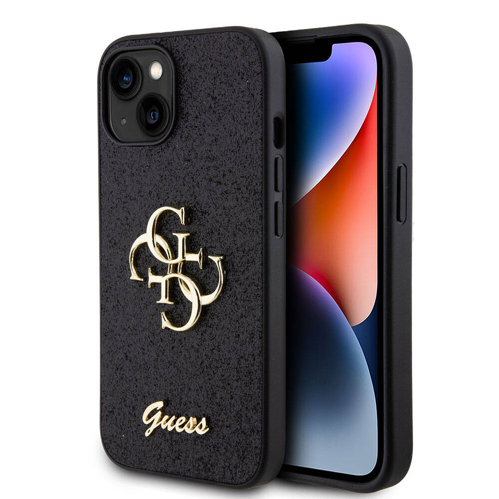 Apple iPhone 15 Plus Kılıf Guess Orjinal Lisanslı 4G Büyük Metal Logolu Glitter Kapak Pembe