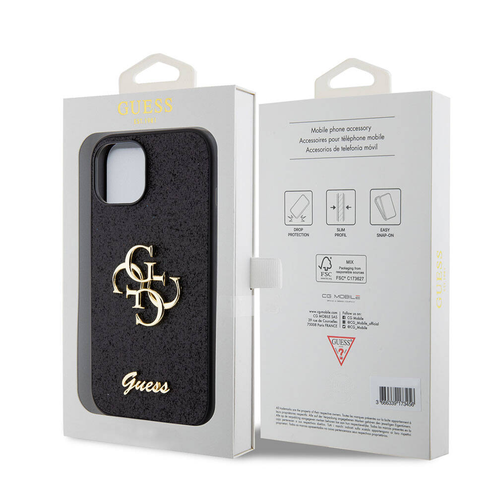 Apple iPhone 15 Plus Kılıf Guess Orjinal Lisanslı 4G Büyük Metal Logolu Glitter Kapak Pembe