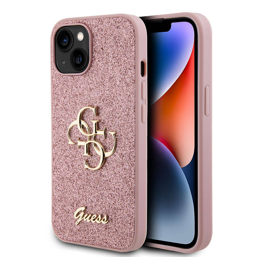 Apple iPhone 15 Plus Kılıf Guess Orjinal Lisanslı 4G Büyük Metal Logolu Glitter Kapak Pembe