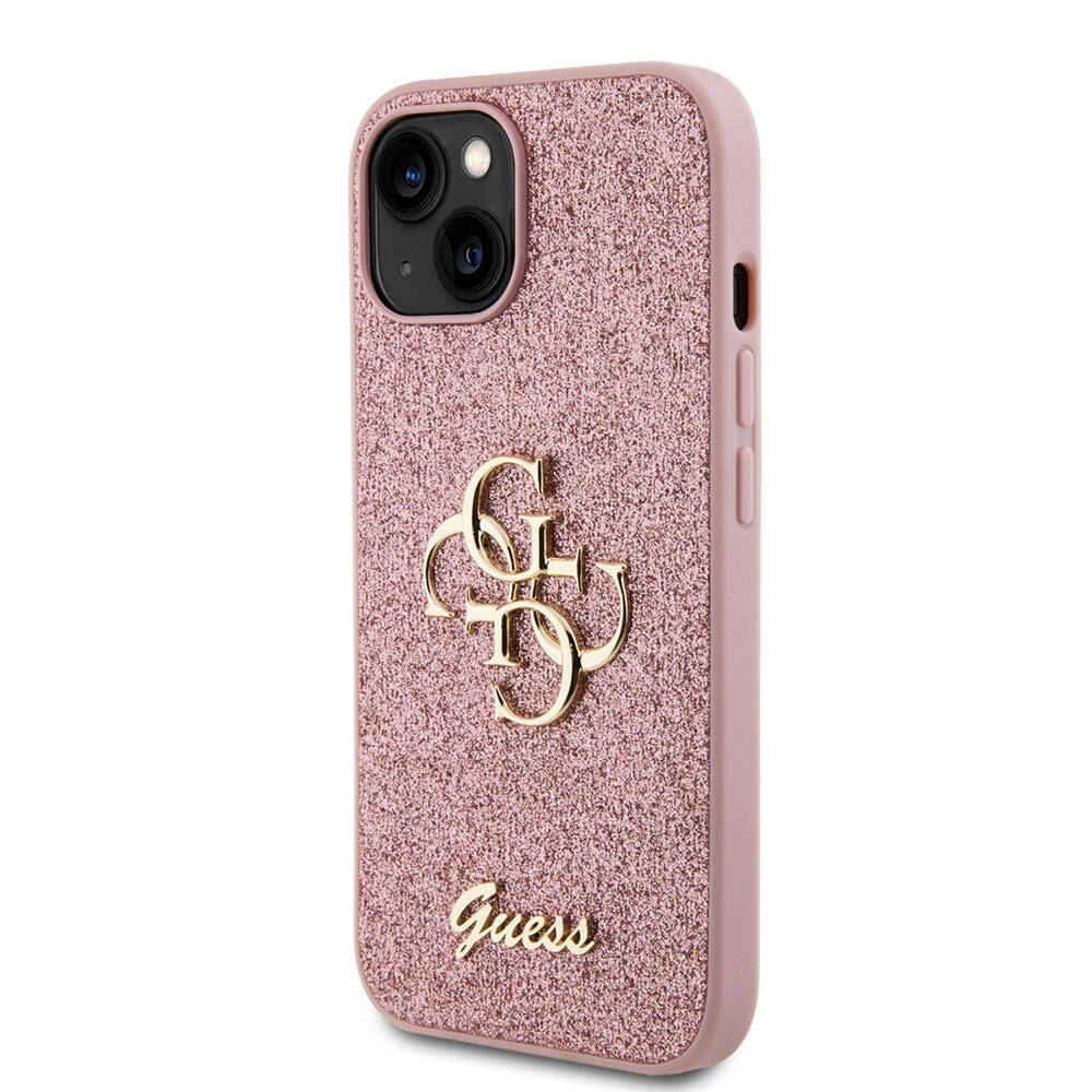 Apple iPhone 15 Plus Kılıf Guess Orjinal Lisanslı 4G Büyük Metal Logolu Glitter Kapak Pembe