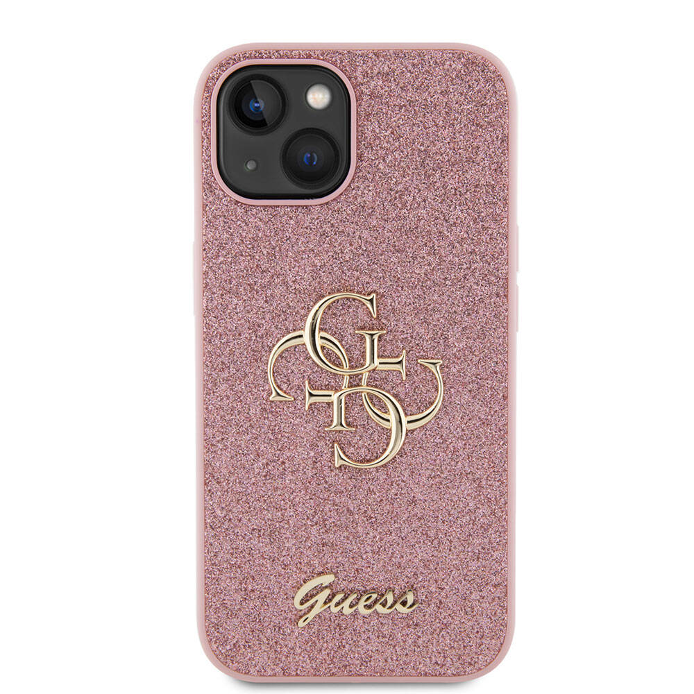 Apple iPhone 15 Plus Kılıf Guess Orjinal Lisanslı 4G Büyük Metal Logolu Glitter Kapak Pembe