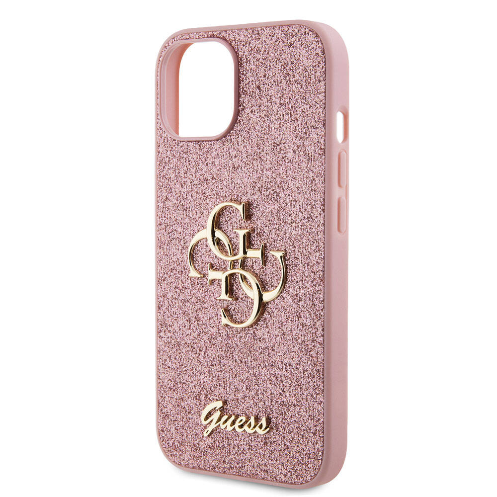 Apple iPhone 15 Plus Kılıf Guess Orjinal Lisanslı 4G Büyük Metal Logolu Glitter Kapak Pembe