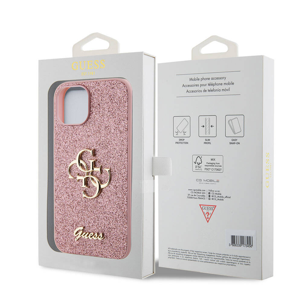 Apple iPhone 15 Plus Kılıf Guess Orjinal Lisanslı 4G Büyük Metal Logolu Glitter Kapak Pembe