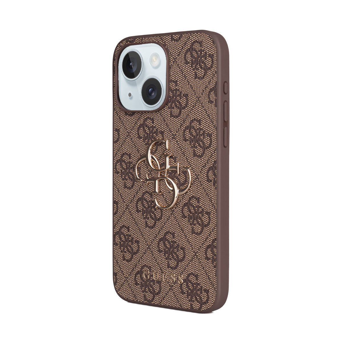 Apple iPhone 15 Plus Kılıf Guess Orjinal Lisanslı PU Deri 4G Büyük Metal Logolu Çapraz Vücut Askılı Kapak Kahverengi