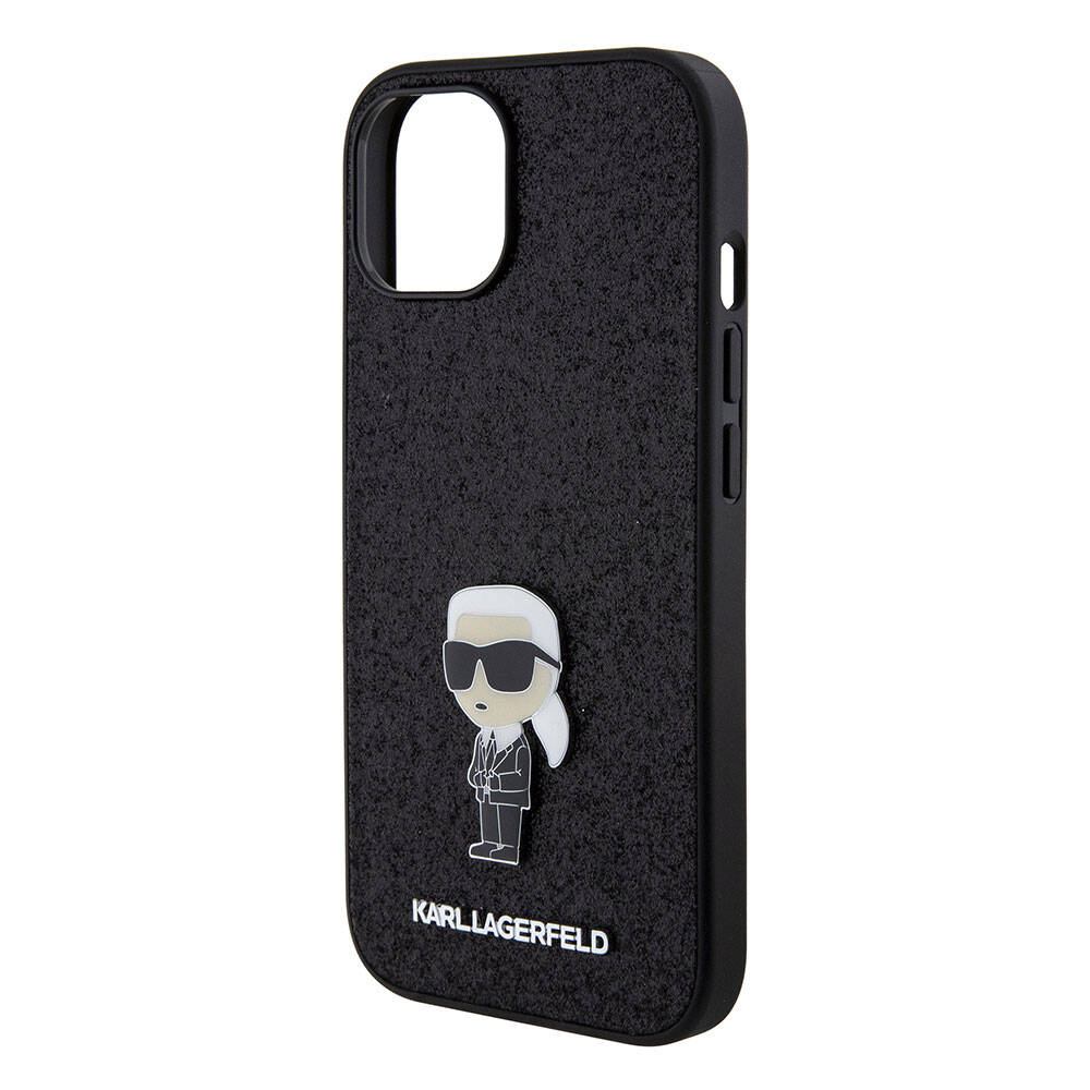 iPhone 15 Plus Kılıf Karl Lagerfeld İkonik Fixed Glitter Metal Logo Orjinal Lisanslı Kılıf Siyah