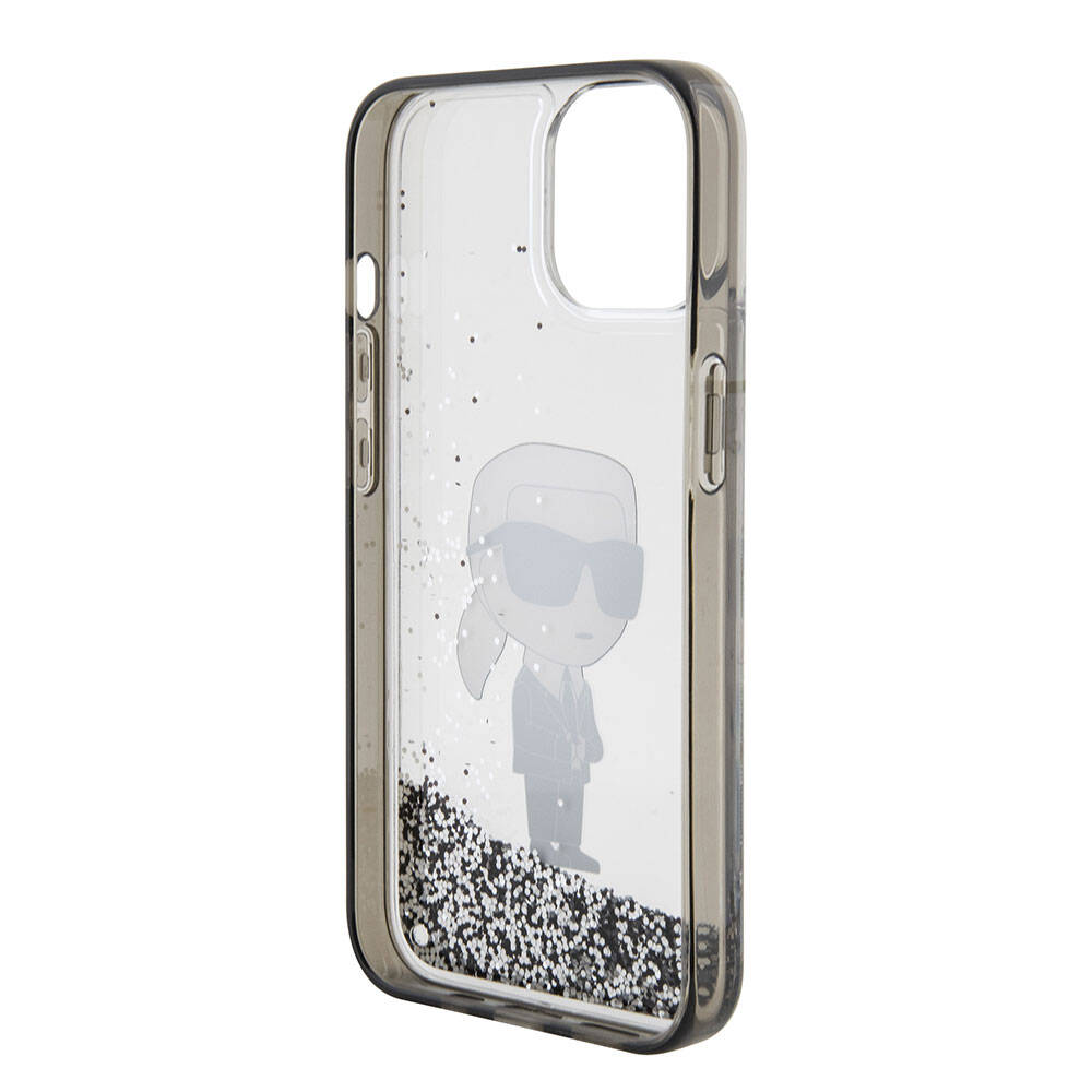 iPhone 15 Plus Kılıf Karl Lagerfeld İkonik Sıvılı Glitter Orjinal Lisanslı Kılıf Renksiz