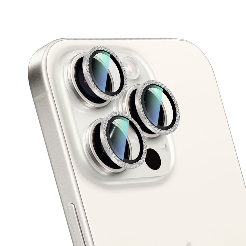 Apple iPhone 15 Pro CaseWorld Alloy Sparkling Diamond Serisi Taşlı Lens Koruyucu Gümüş