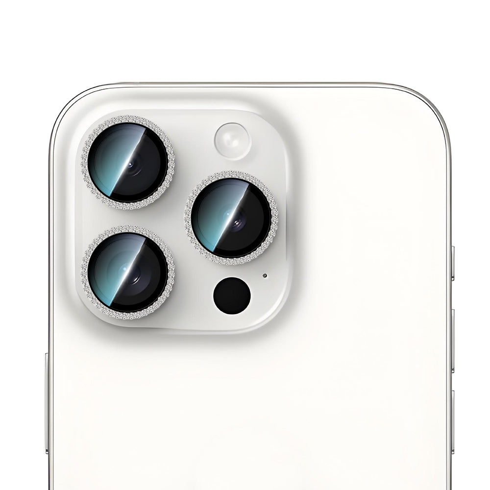 Apple iPhone 15 Pro CaseWorld Alloy Sparkling Diamond Serisi Taşlı Lens Koruyucu Gümüş