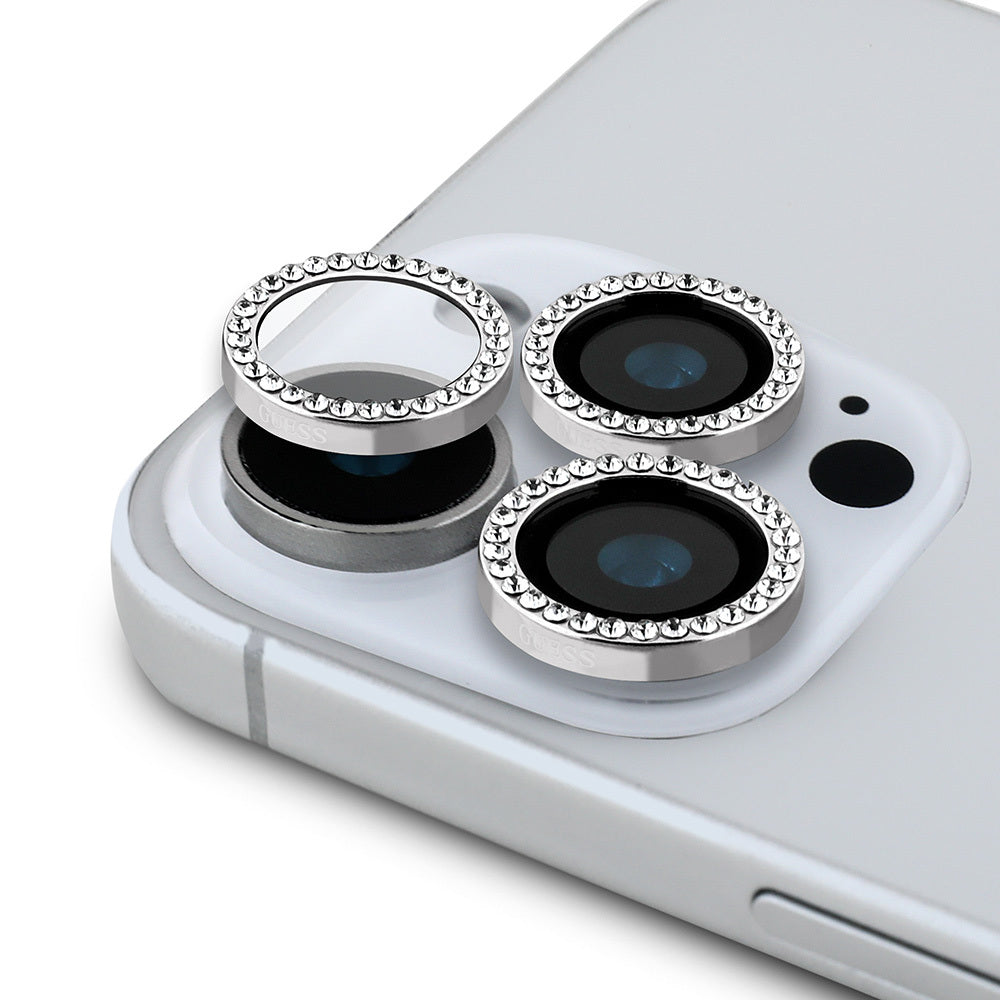 Apple iPhone 15 Pro Guess Orjinal Lisanslı Rhinestone Taşlı Lens Koruyucu Gold