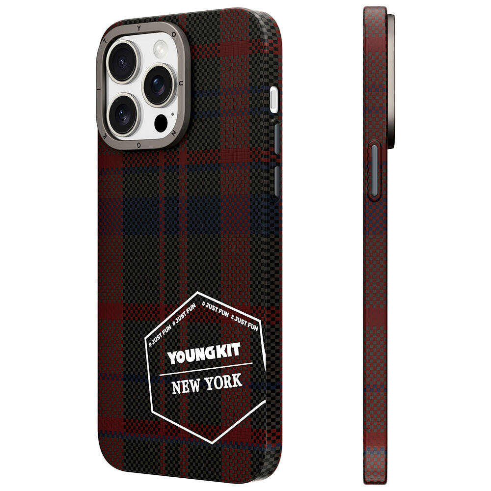 iPhone 15 Pro Kılıf Ekose Desenli Youngkit Gezhi Serisi Kılıf Kırmızı