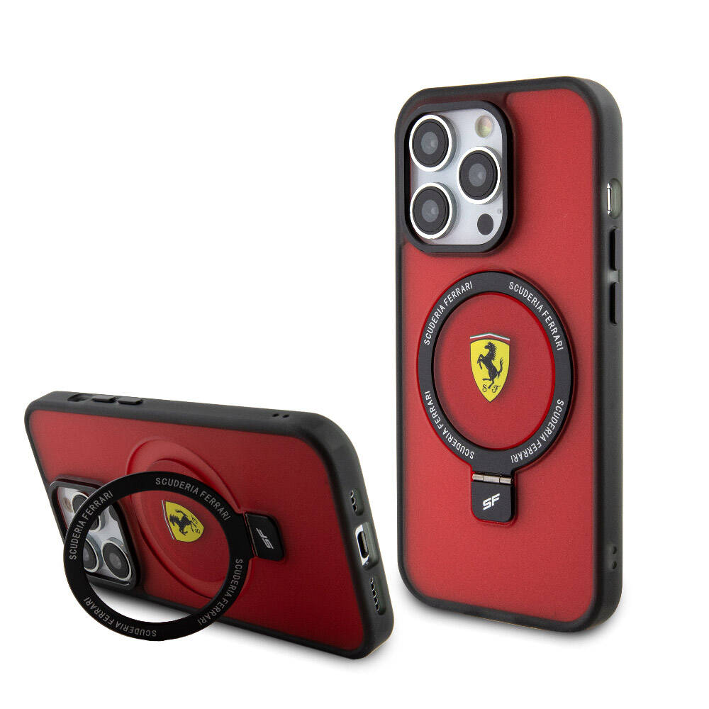 iPhone 15 Pro Kılıf Ferrari Magsafe Şarj Özellikli Standlı Buzlu Yüzey Dizayn Kılıf Kırmızı